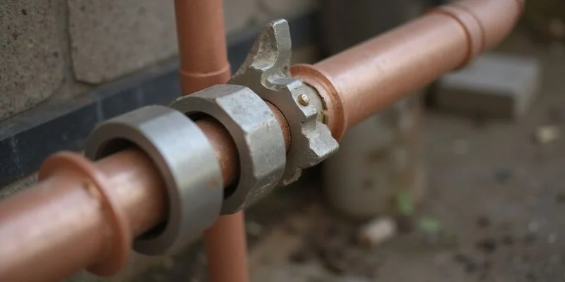 Close-up comparison showing copper piping and blue PEX piping side by side with fittings