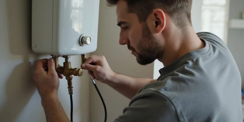 Plumber performing a winter geyser inspection checking the thermostat and pressure valve