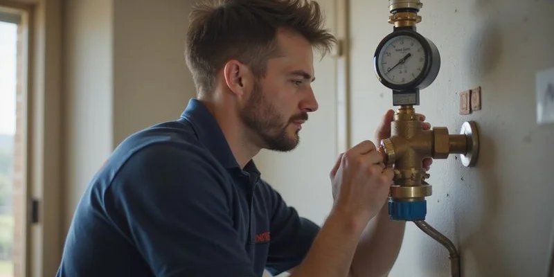 Plumber inspecting and adjusting a pressure reducing valve on a residential water supply line