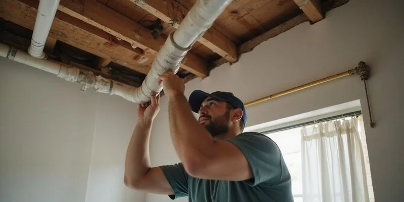 Plumber installing PEX piping through ceiling space during a home repiping project in Bryanston