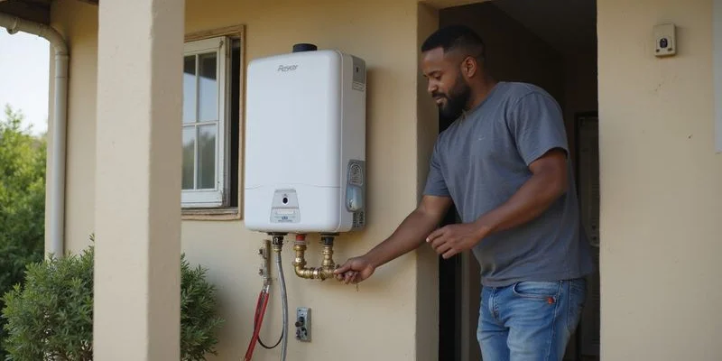 Professional plumber installing a gas geyser unit on an exterior wall of a North Johannesburg home