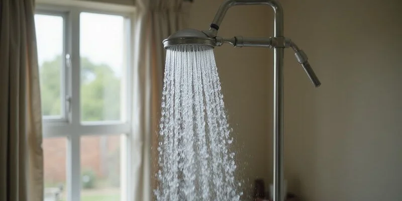 Strong water flowing from a shower head after plumbing repairs restored normal water pressure to the home