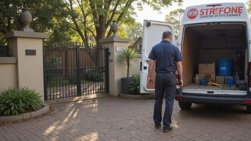 Commercial plumber with tools and equipment arriving at a security estate gatehouse in Dainfern North Johannesburg